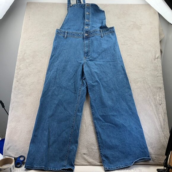Vintage Womens Denim Overalls L Classic Wide Leg Blue Casual Retro Button Front - Picture 9 of 10